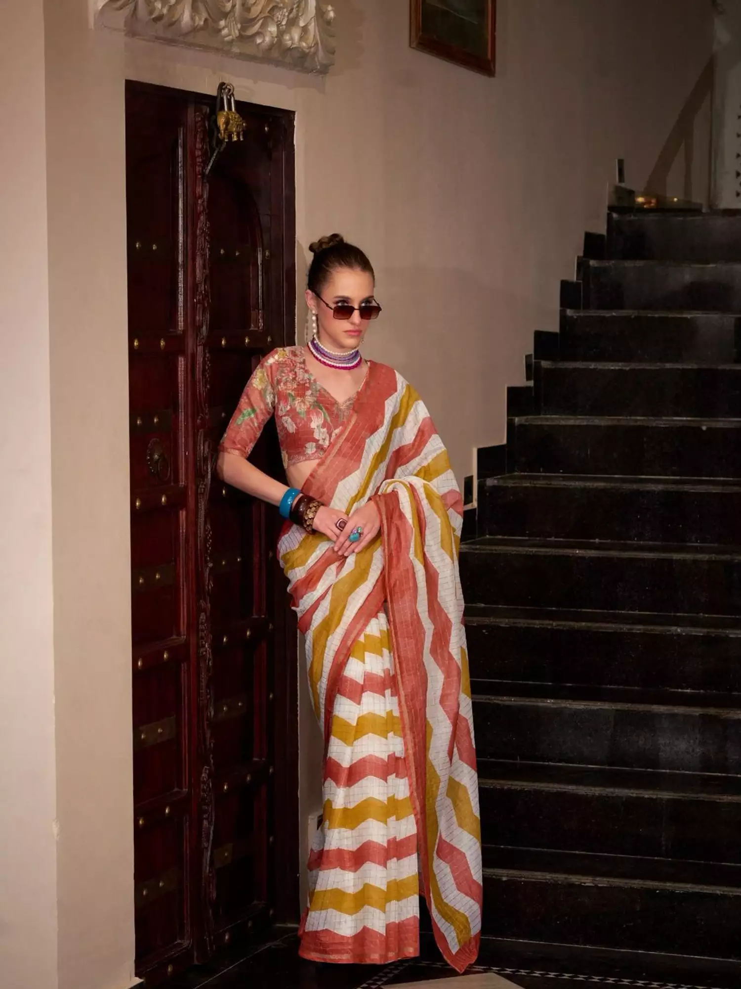 1 Rust, Mustard & White Zig-Zag Saree - Image 1