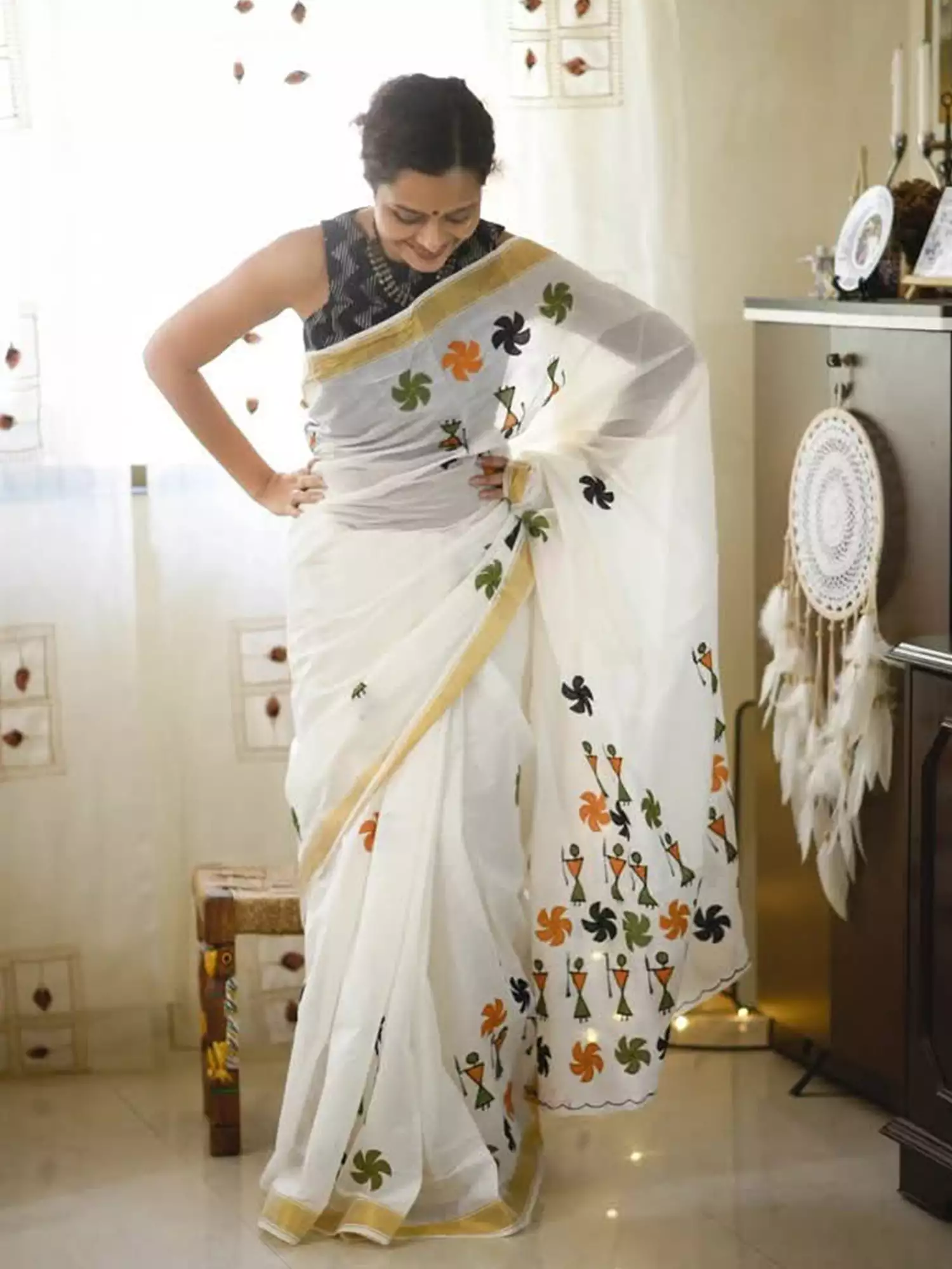 3 White Saree with Warli-Inspired Embroidery - Image 1