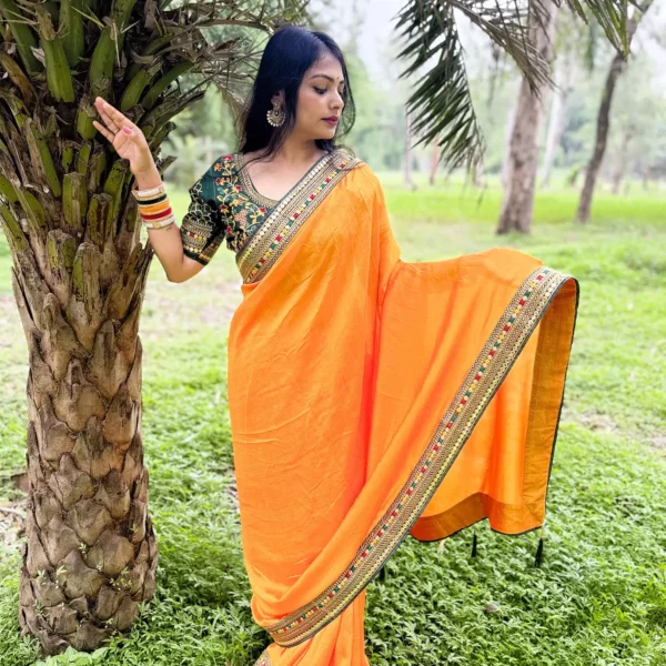 Yellow-Orange Solid Saree with Embroidered Border