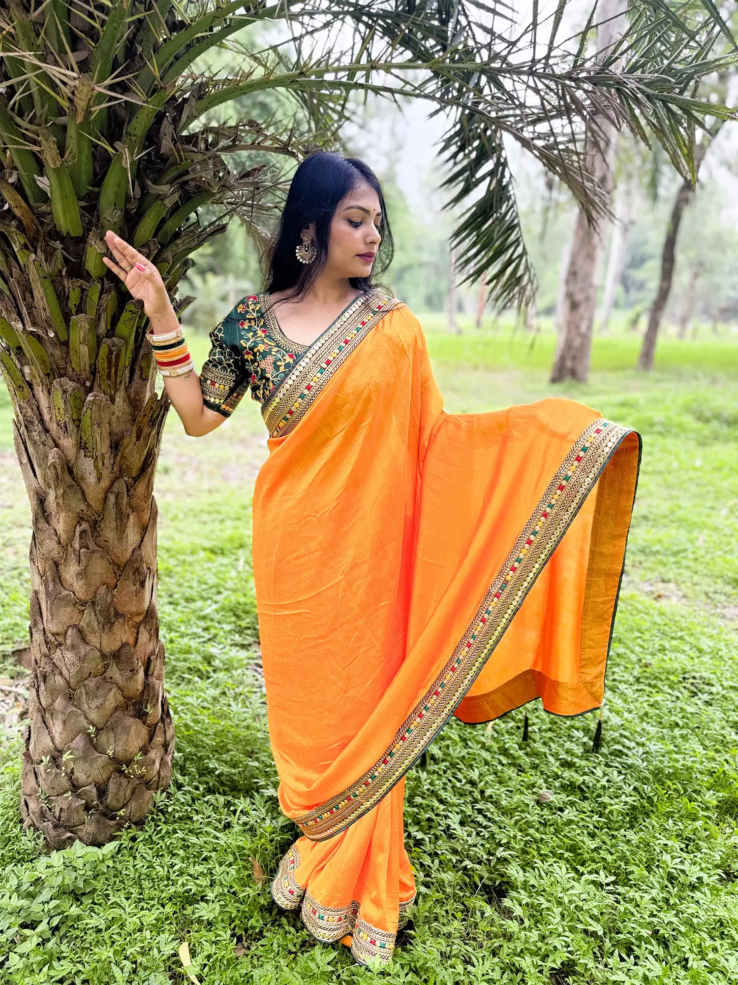 4 Yellow-Orange Solid Saree with Embroidered Border - Image 1