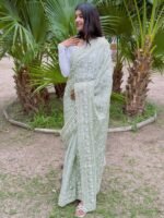 Mint Elegance: Embroidered Grace Saree