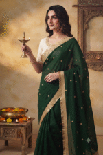 Women's Emerald Green Woven Silk Blend Saree with Golden Tassel Border - Image 5