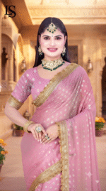 Pink Georgette Saree with Golden Zari Booti Print & Lace Border - Image 3