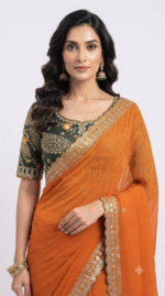 Women's Burnt Orange Georgette Saree with Embroidered Lace Border - Image 4