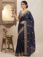 Women's Navy Blue Woven Silk Blend Saree with Elegant Golden Floral Zari Border - Image 5