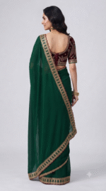 Women's Dark Green Embroidered Border Designer Saree with Matching Blouse Piece - Image 4