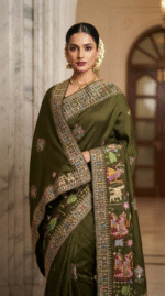 Royal Olive Green Heavy Embroidered Designer Saree