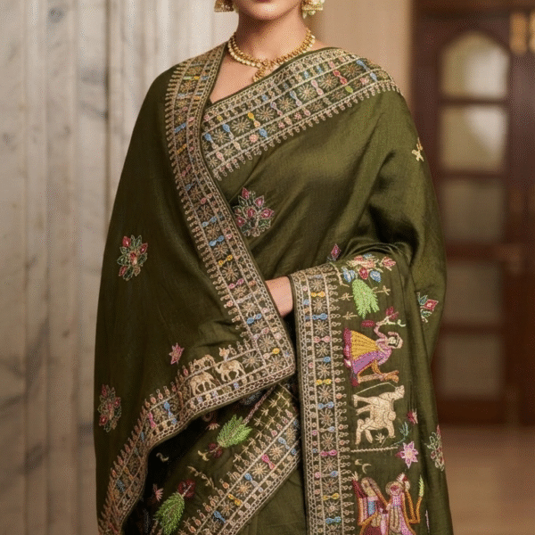 Royal Olive Green Heavy Embroidered Designer Saree