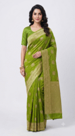 Women's Parrot Green Woven Silk Blend Saree with Rich Golden Zari Border