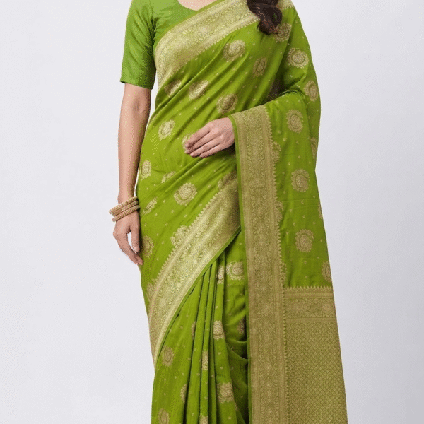 Women's Parrot Green Woven Silk Blend Saree with Rich Golden Zari Border