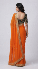 Orange Georgette Saree with Golden Embroidered Border & Green Blouse - Image 2
