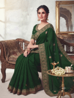 Women's Bottle Green Woven Silk Blend Saree with Elegant Golden Floral Border - Image 4