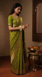 Women's Parrot Green Woven Silk Blend Saree with Rich Golden Zari Border - Image 5