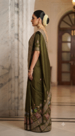 Royal Olive Green Heavy Embroidered Designer Saree - Image 4