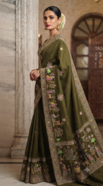 Royal Olive Green Heavy Embroidered Designer Saree - Image 2