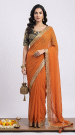 Women's Burnt Orange Georgette Saree with Embroidered Lace Border - Image 5