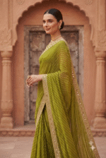 Olive Green Leheriya Zari Work Designer Saree - Image 2