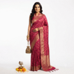 Women's Rani Pink Woven Silk Blend Saree with Rich Golden Zari Border - Image 5