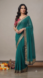 Women's Teal Green Georgette Saree with Embroidered Lace Border - Image 5
