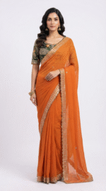 Women's Burnt Orange Georgette Saree with Embroidered Lace Border