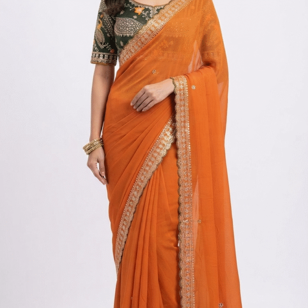 Women's Burnt Orange Georgette Saree with Embroidered Lace Border