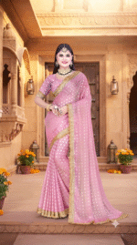 Pink Georgette Saree with Golden Zari Booti Print & Lace Border