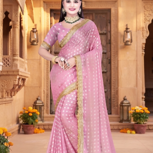 Pink Georgette Saree with Golden Zari Booti Print & Lace Border