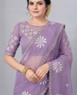 Elegant Lavender Floral Printed Chiffon/Georgette Blend Saree - Image 3