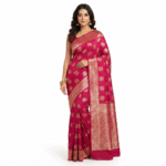 Women's Rani Pink Woven Silk Blend Saree with Rich Golden Zari Border