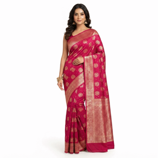 Women's Rani Pink Woven Silk Blend Saree with Rich Golden Zari Border