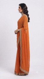 Women's Burnt Orange Georgette Saree with Embroidered Lace Border - Image 3