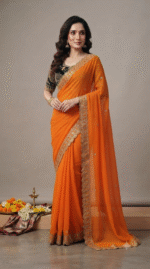 Orange Georgette Saree with Golden Embroidered Border & Green Blouse