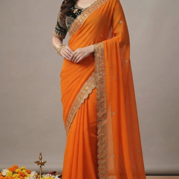 Orange Georgette Saree with Golden Embroidered Border & Green Blouse
