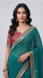 Women's Teal Green Georgette Saree with Embroidered Lace Border - Image 4