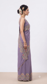 Women's Lavender Woven Silk Blend Saree with Multicolor Floral Zari Border - Image 3