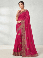 Women's Magenta Woven Silk Blend Saree with Rich Golden Floral Border