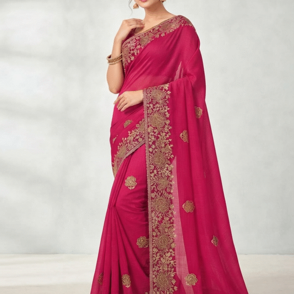 Women's Magenta Woven Silk Blend Saree with Rich Golden Floral Border