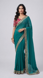 Women's Teal Green Georgette Saree with Embroidered Lace Border