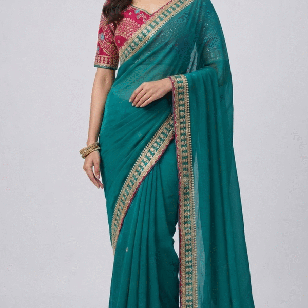 Women's Teal Green Georgette Saree with Embroidered Lace Border