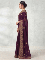 Women's Wine Woven Silk Blend Saree with Elegant Golden Floral Border - Image 4