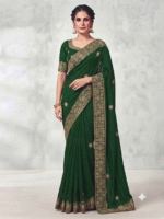 Women's Bottle Green Woven Silk Blend Saree with Elegant Golden Floral Border