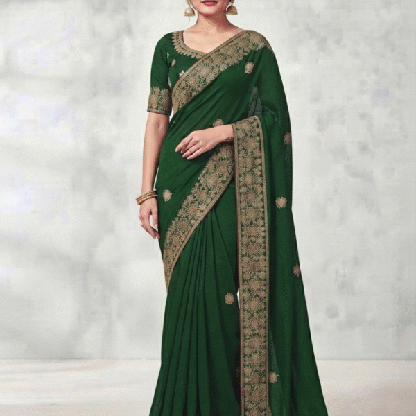Women's Bottle Green Woven Silk Blend Saree with Elegant Golden Floral Border