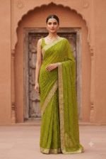 Olive Green Leheriya Zari Work Designer Saree