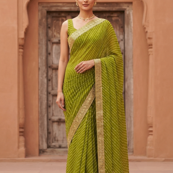 Olive Green Leheriya Zari Work Designer Saree