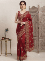 Women's Red Woven Silk Blend Saree with Rich Golden Floral Zari Border