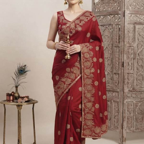 Women's Red Woven Silk Blend Saree with Rich Golden Floral Zari Border