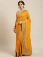 Women's Mustard Yellow Woven Silk Blend Saree with Elegant Golden Floral Border