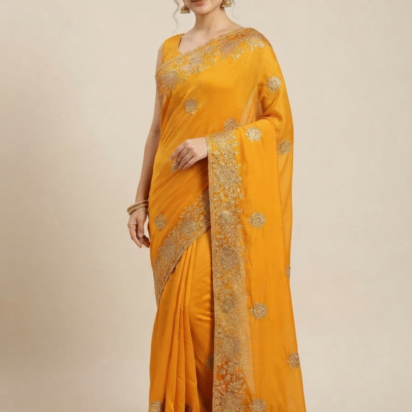 Women's Mustard Yellow Woven Silk Blend Saree with Elegant Golden Floral Border