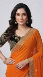 Orange Georgette Saree with Golden Embroidered Border & Green Blouse - Image 4