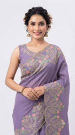 Women's Lavender Woven Silk Blend Saree with Multicolor Floral Zari Border - Image 4
